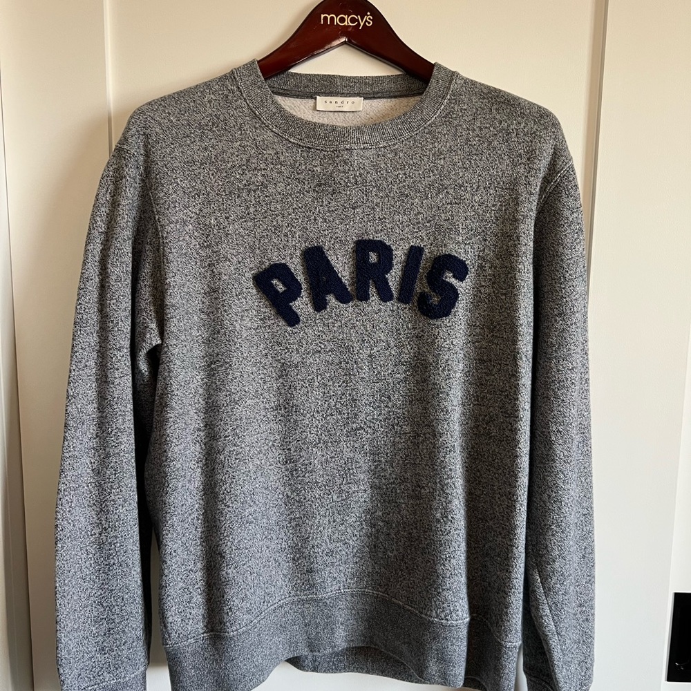 Sandro Gray Crewneck Sweater with Navy Paris Detail